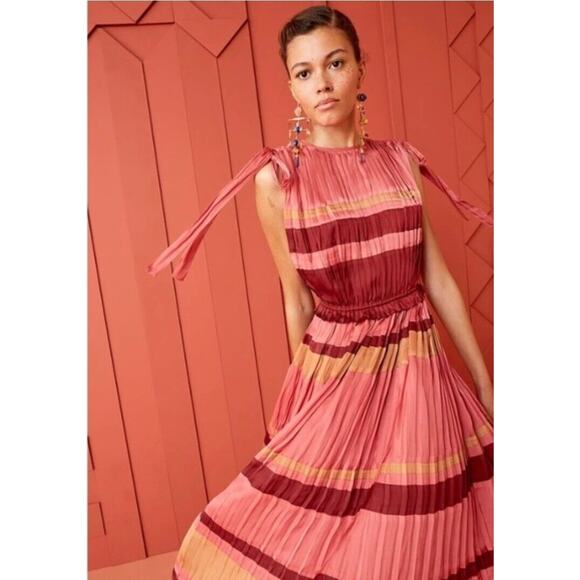 $878 Ulla Johnson - Alessa Dress in CeriseStriped Pleated Plissé Midi Sz 2 - Picture 4 of 16